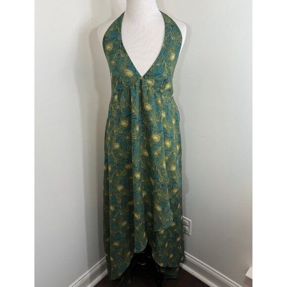 Liberty of London Target Maxi Dress 4 Teal Blue Peacock Print Womens Hi Lo Flowy - Picture 1 of 11